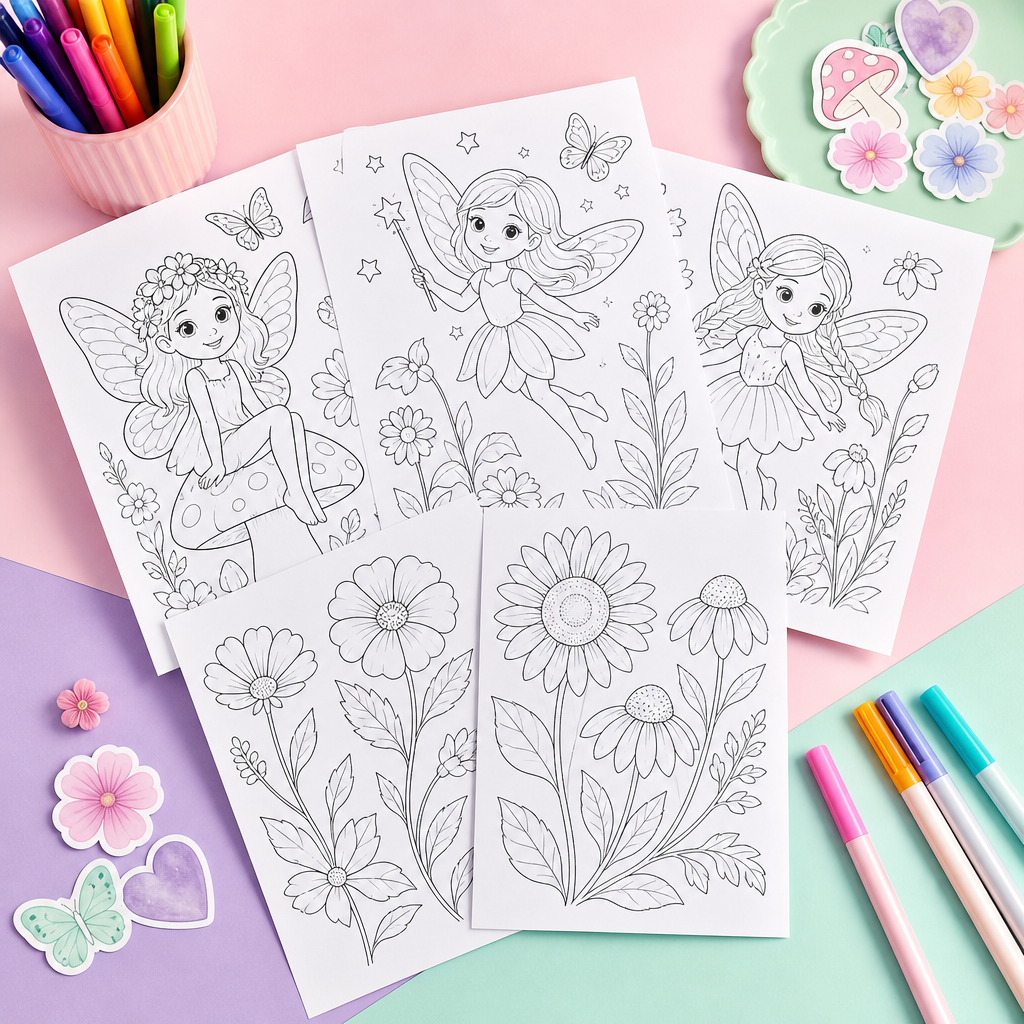 Fairy and flower printable coloring sheets with markers on a pastel desk