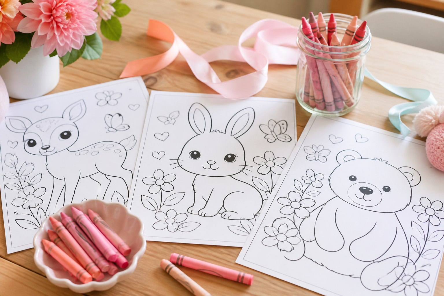 Coloring pages for girls craft table with flower and animal printables and pastel crayons