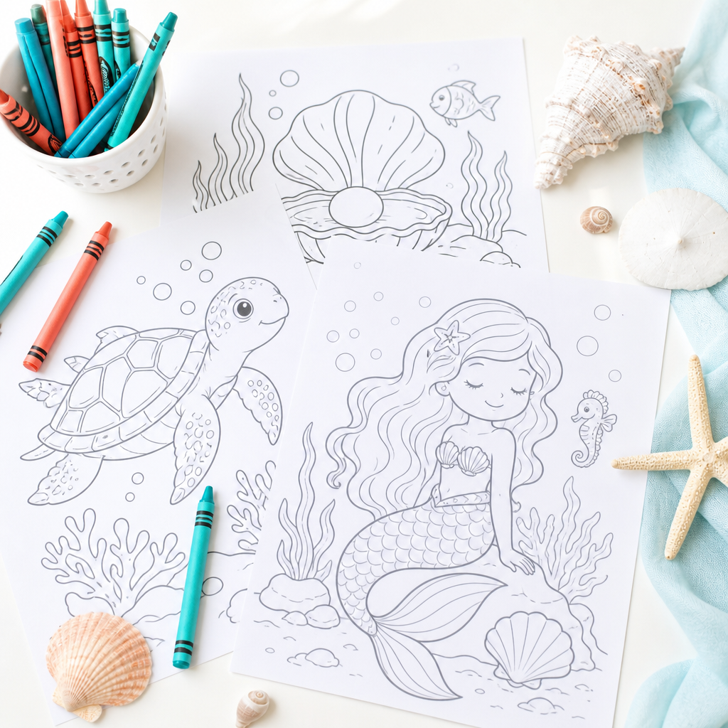 Mermaid and ocean coloring pages for kids with teal and coral crayons