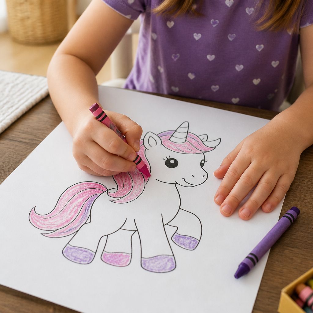 Child coloring a unicorn printable page with pink and purple crayons