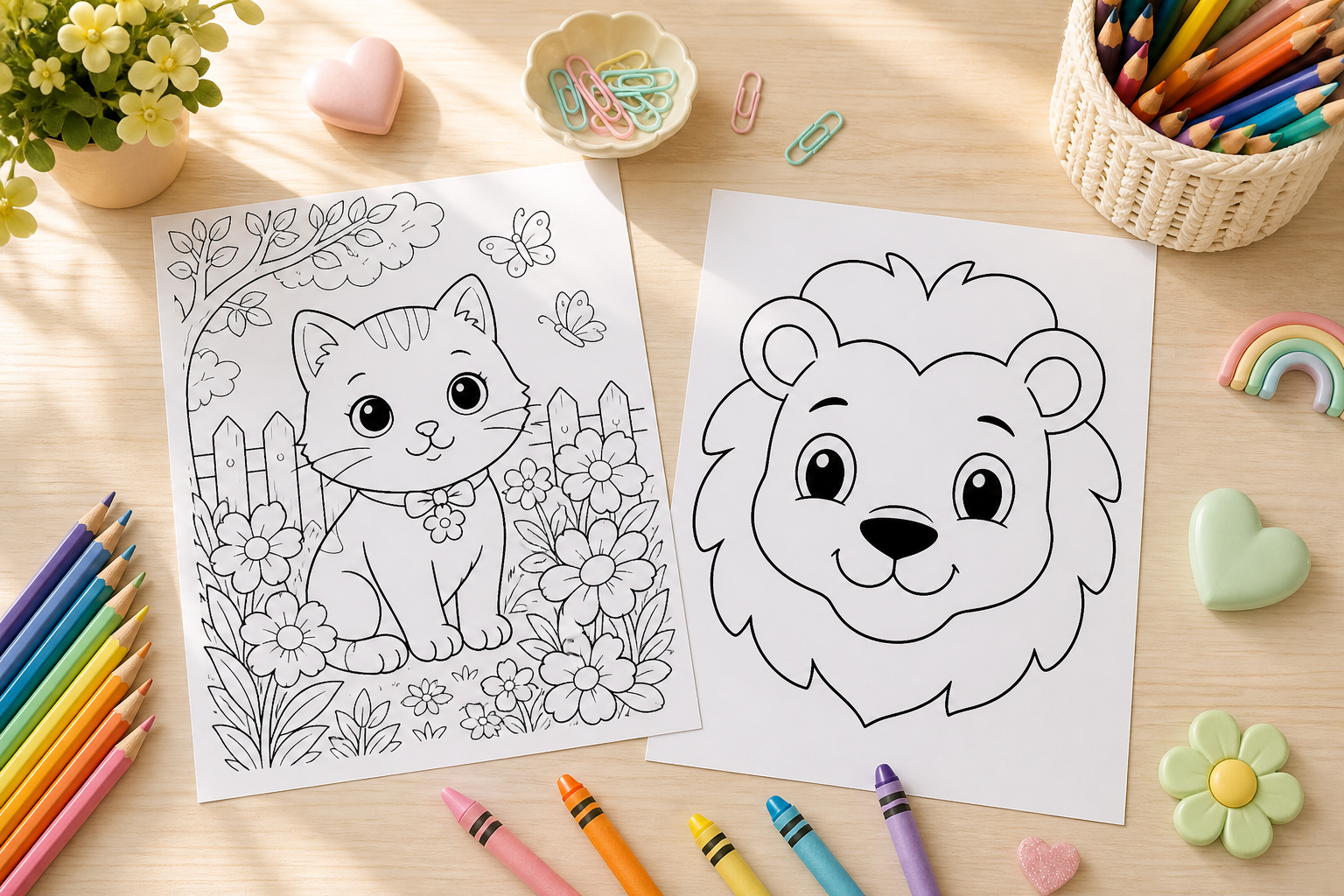 Professional coloring pages printable setup with original cat and lion sheets, colored pencils, and crayons