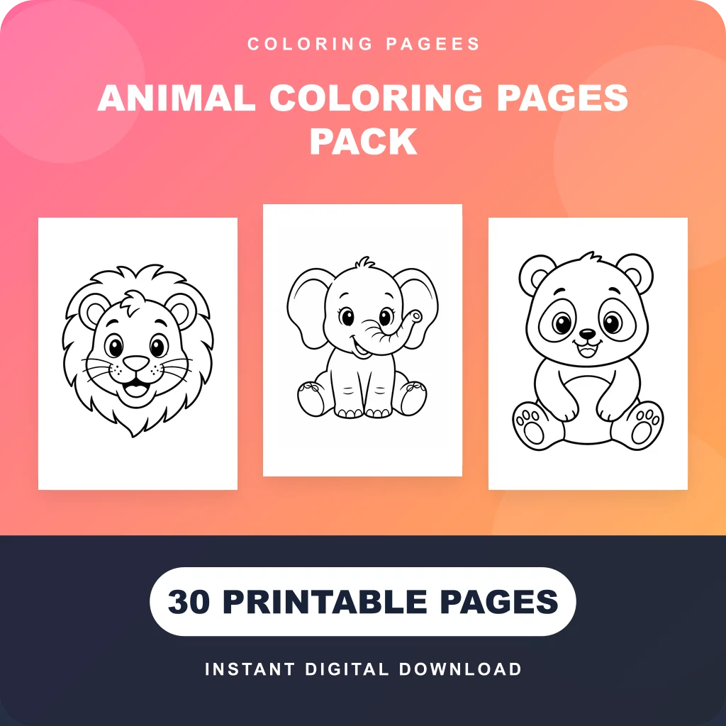Animal coloring pages pack cover with lion, elephant, and panda line art and 30 printable pages