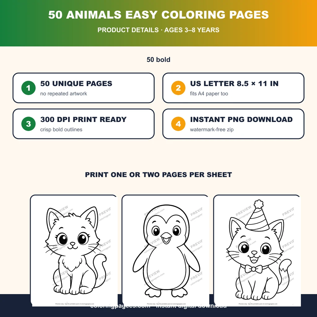 50 Animals Easy Coloring Pages sample pages 4