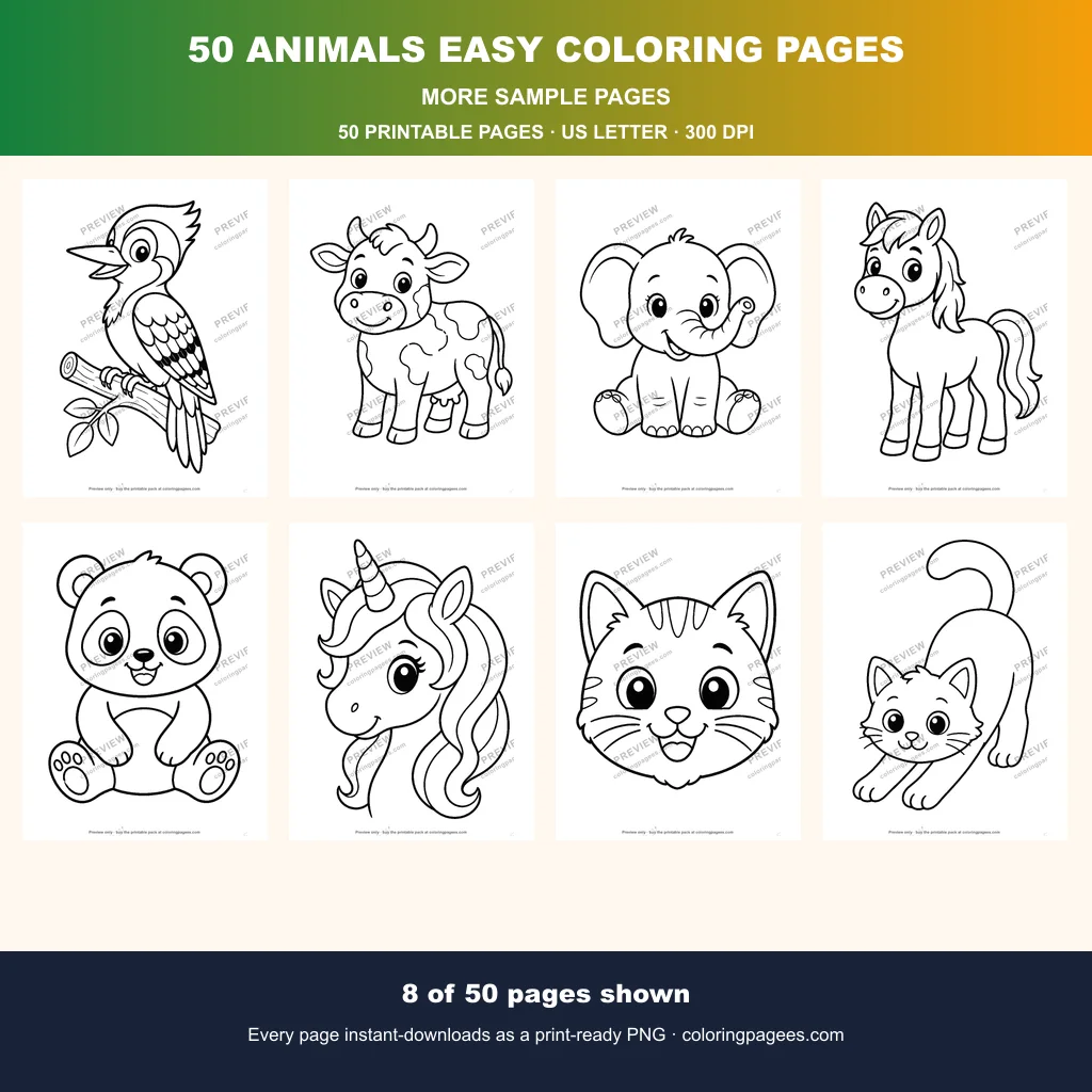 50 Animals Easy Coloring Pages sample pages 2