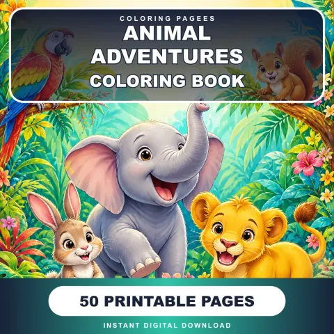 Animal Adventures Coloring Pages Pack cover with elephant, lion, rabbit, parrot, and squirrel