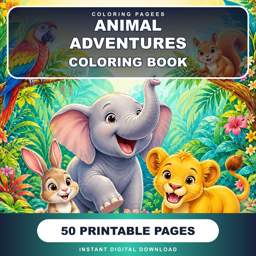 Animal Adventures Coloring Pages Pack cover with elephant, lion, rabbit, parrot, and squirrel