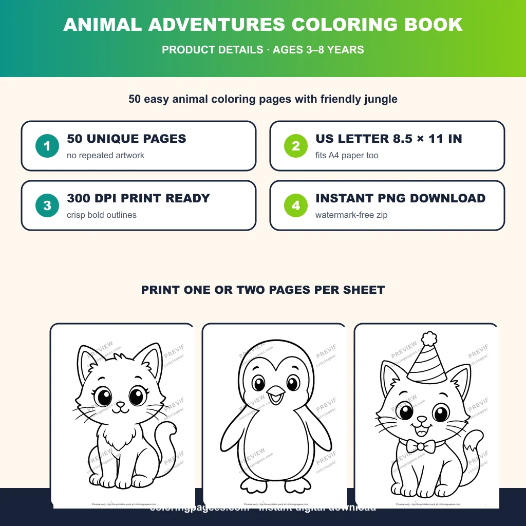 Animal Adventures Coloring Pages Pack sample pages 4