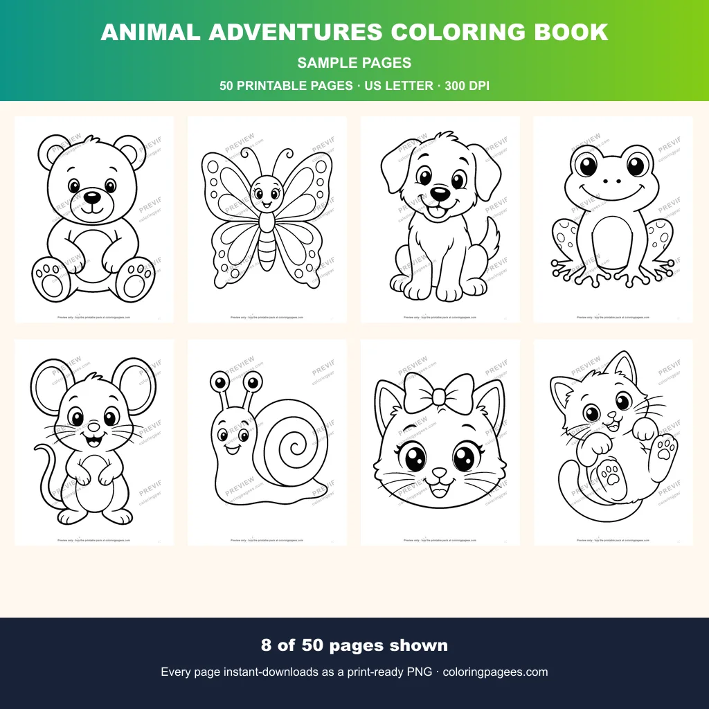 Animal Adventures Coloring Pages Pack sample pages 1
