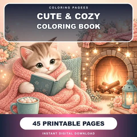 Cute and Cozy Coloring Pages Pack cover with a kitten reading beside a fireplace