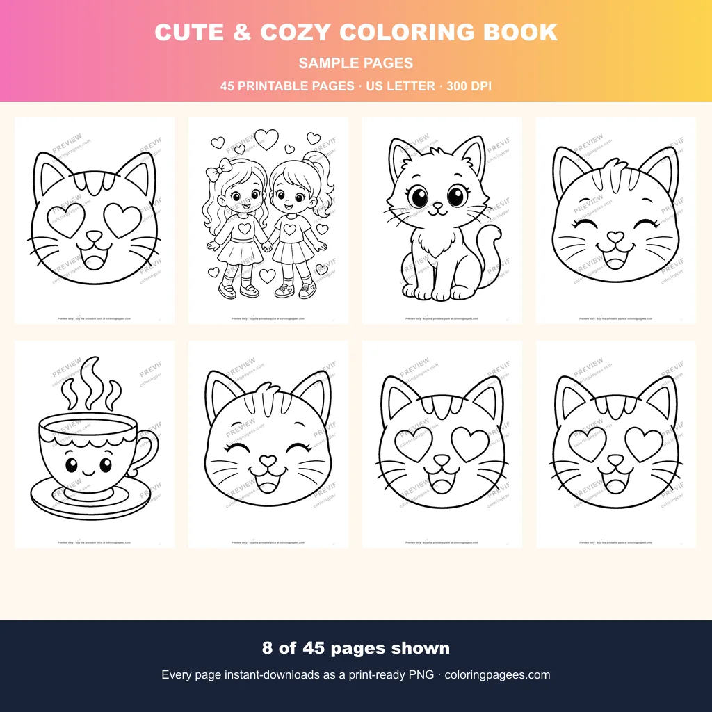 Cute & Cozy Coloring Pages Pack sample pages 1