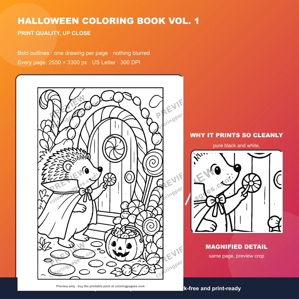 Close-up of a Halloween coloring page showing bold black outlines next to a magnified detail crop of the same drawing