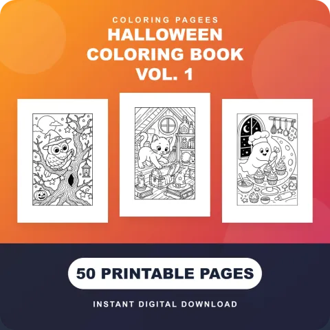 Halloween coloring pages cover showing an owl in a witch hat, a cat inside a spooky cottage and a ghost baking cupcakes