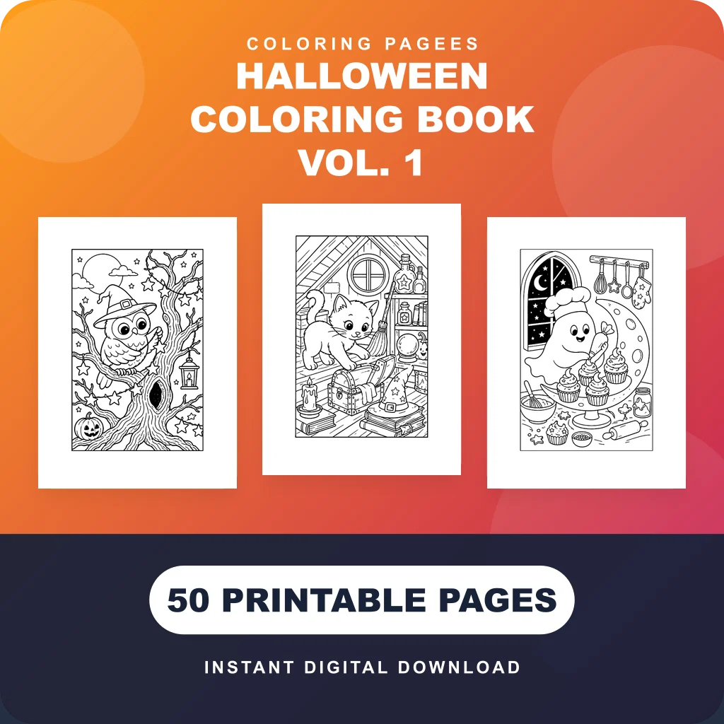 Halloween coloring pages cover showing an owl in a witch hat, a cat inside a spooky cottage and a ghost baking cupcakes