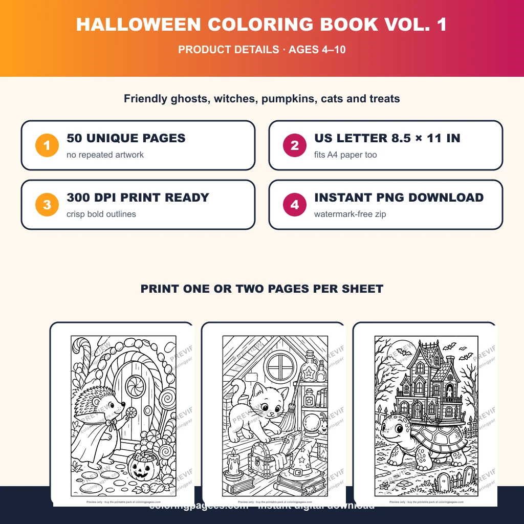 Product details page listing 50 unique Halloween coloring pages, US Letter size, 300 DPI print ready files and instant PNG download