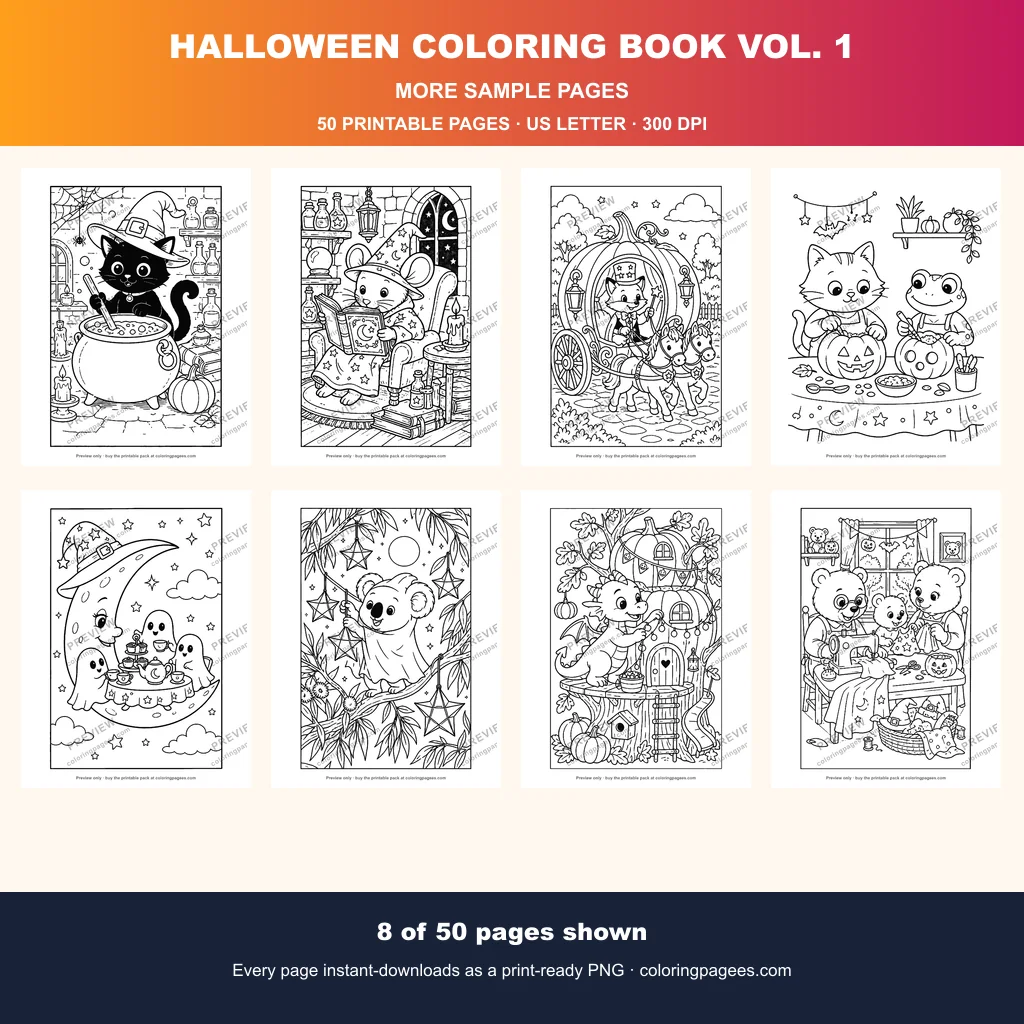 More Halloween coloring pages: a black cat stirring a cauldron, a mouse reading a spell book, a pumpkin carriage and a frog with a jack-o-lantern