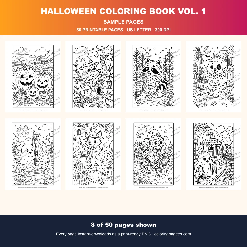 Eight Halloween coloring pages with pumpkins, an owl in a witch hat, a mummy raccoon, a trick-or-treat puppy, a ghost in a leaf boat and a fox witch