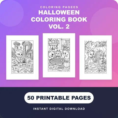 Cute Halloween coloring pages cover showing a mummy bunny gardening, three fuzzy monsters at a table and a squirrel outside a pumpkin door