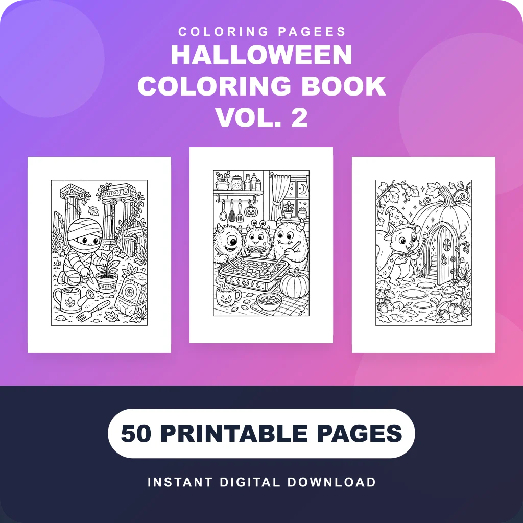 Cute Halloween coloring pages cover showing a mummy bunny gardening, three fuzzy monsters at a table and a squirrel outside a pumpkin door