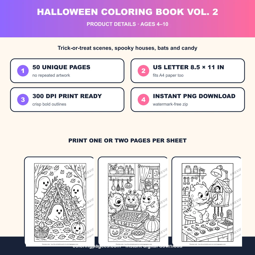 Halloween coloring pages sample sheet 4 from Halloween Coloring Pages Pack Vol. 2