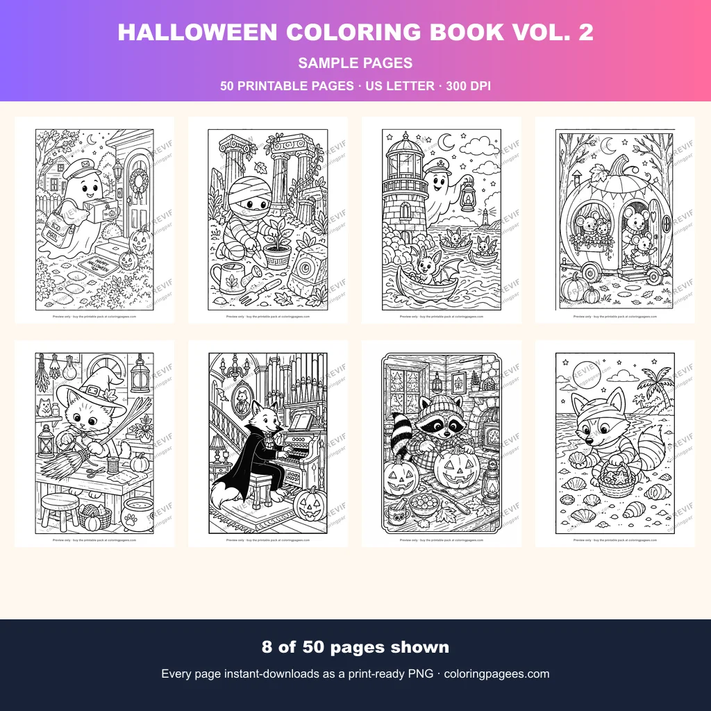 Halloween coloring pages sample sheet 1 from Halloween Coloring Pages Pack Vol. 2
