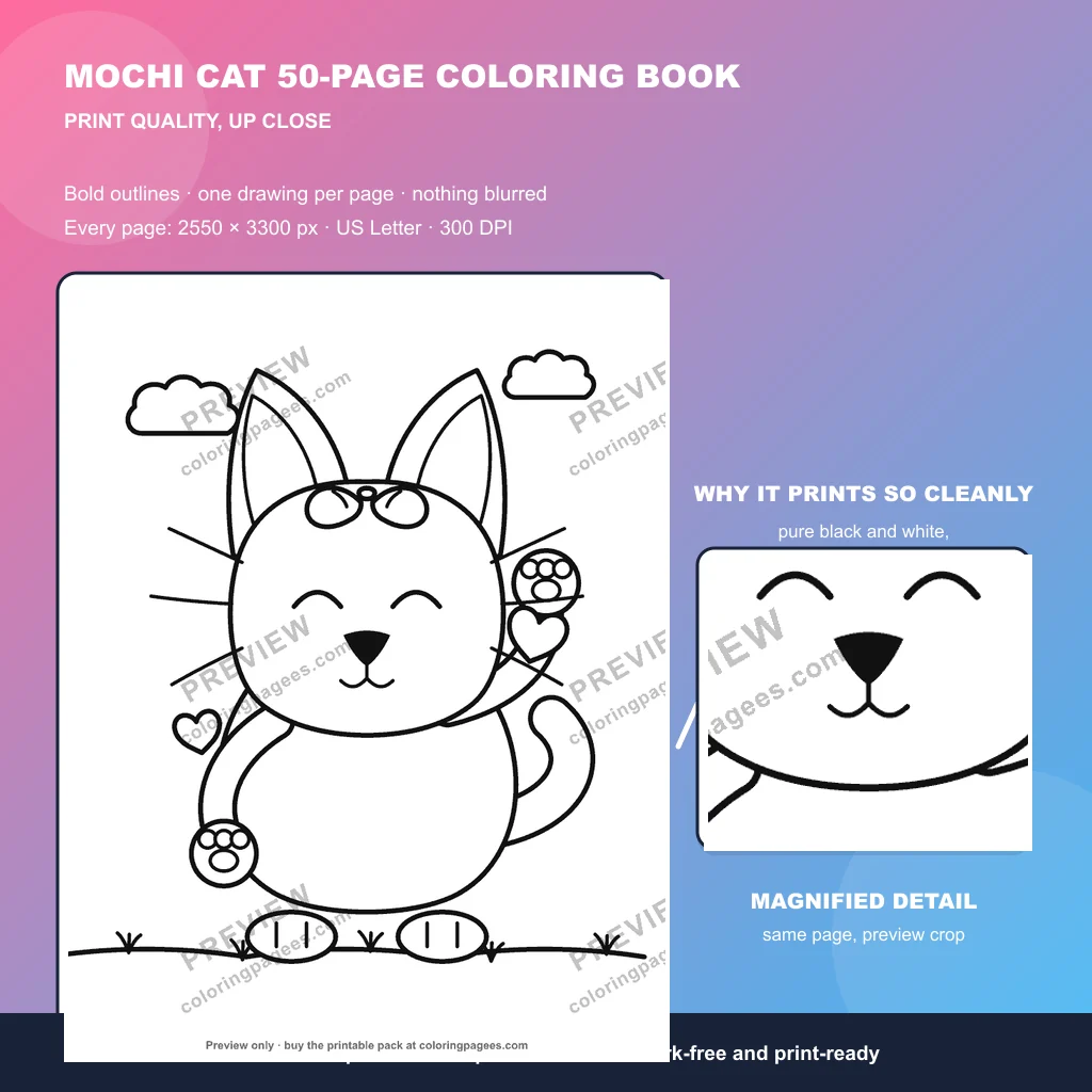 Mochi cat coloring book sample sheet 5 from Mochi Cat 50-Page Coloring Book