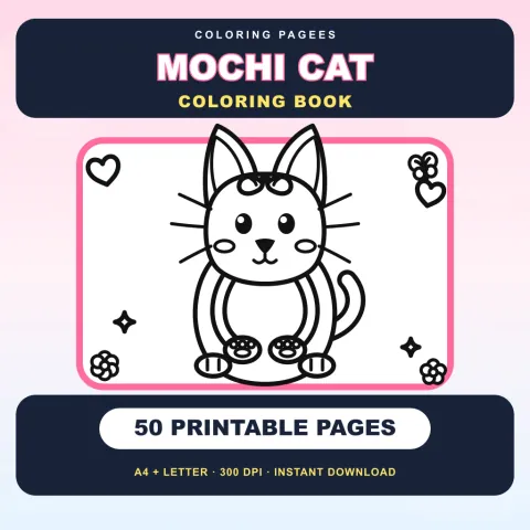 Mochi Cat 50-page printable coloring book cover with a bow-wearing cat and crayons