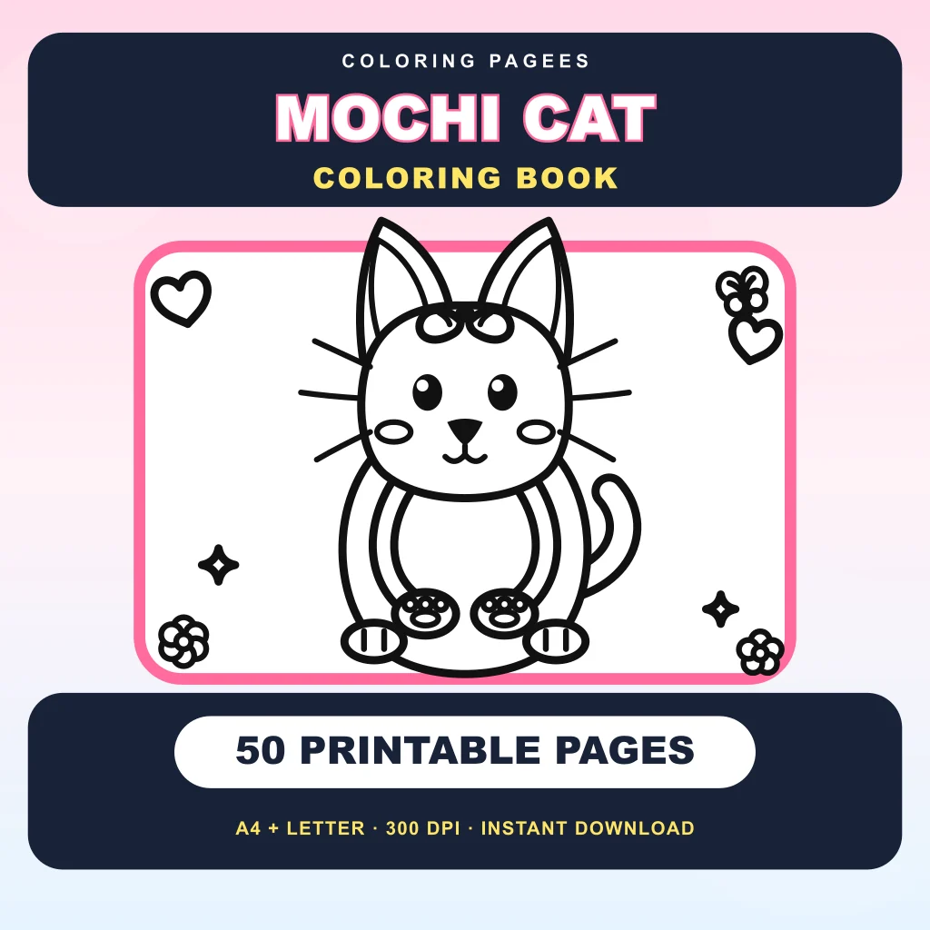 Mochi Cat 50-page printable coloring book cover with a bow-wearing cat and crayons