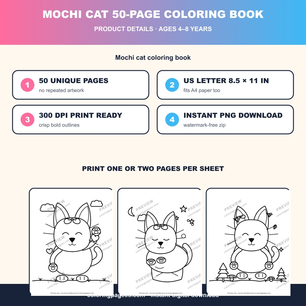 Mochi cat coloring book sample sheet 4 from Mochi Cat 50-Page Coloring Book