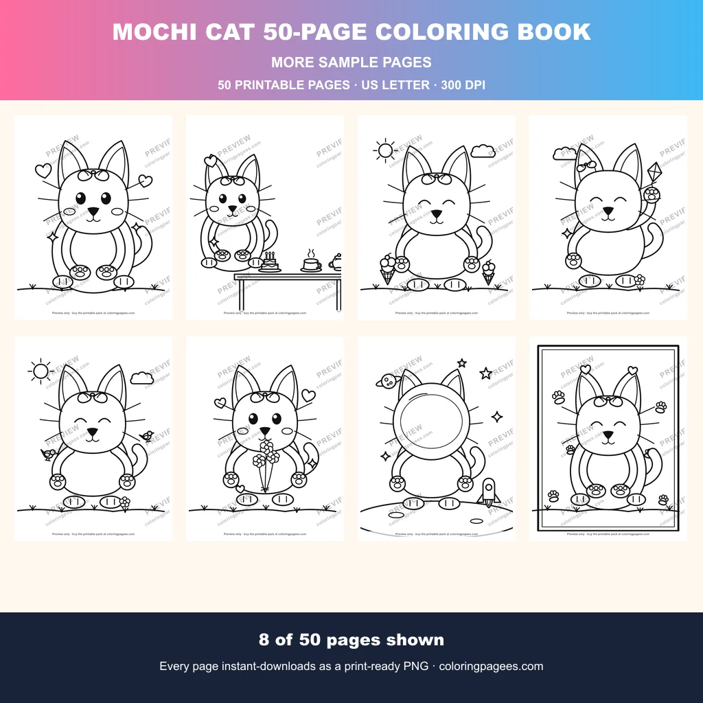 Mochi cat coloring book sample sheet 2 from Mochi Cat 50-Page Coloring Book