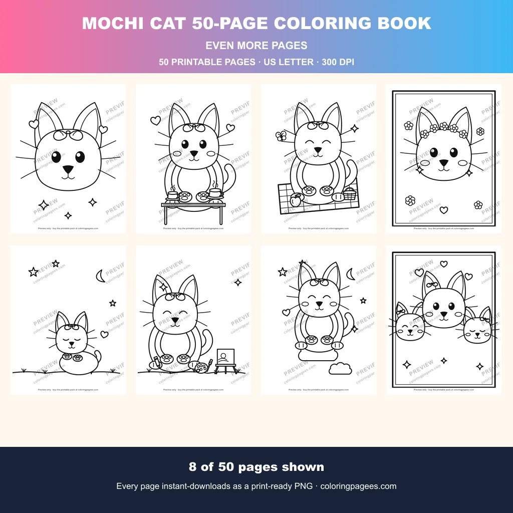 Mochi cat coloring book sample sheet 3 from Mochi Cat 50-Page Coloring Book