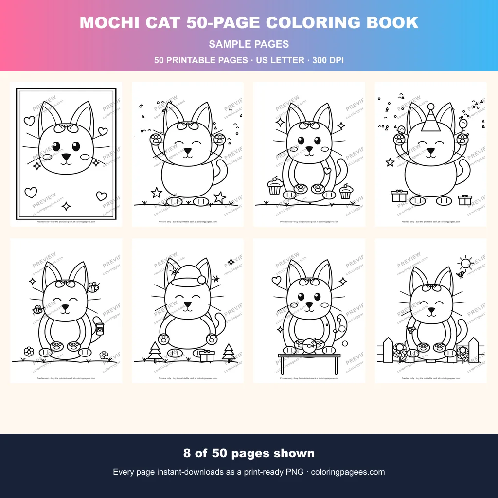 Mochi cat coloring book sample sheet 1 from Mochi Cat 50-Page Coloring Book