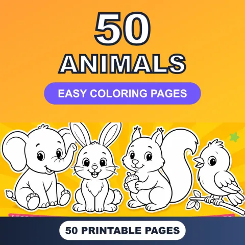 50 Animals Easy Coloring Pages digital download cover with cute animal outlines