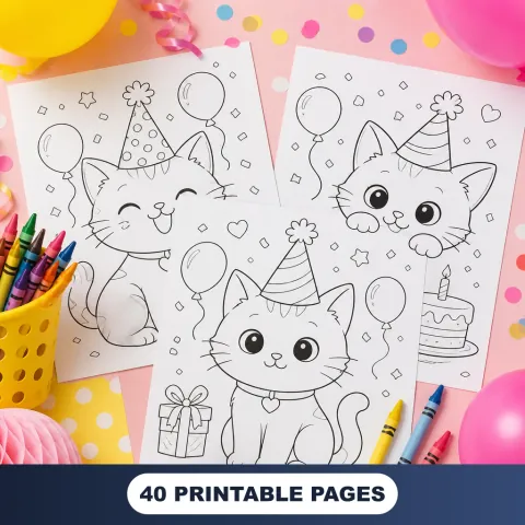 Birthday Party Print Pack coloring sheets with balloons and crayons on a party table