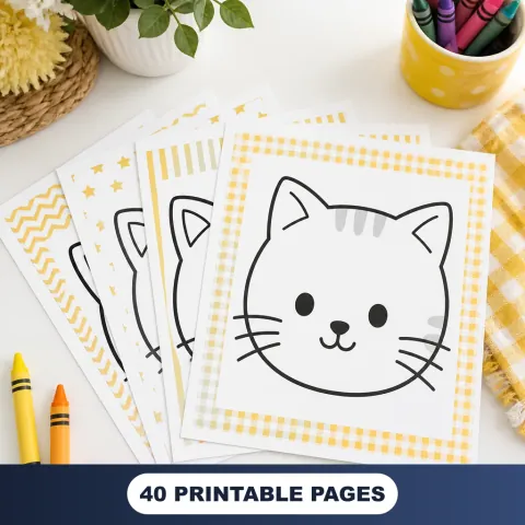 Cute Cat Faces Collection printable sheets fanned on a desk with chunky crayons