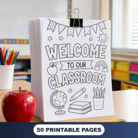 Classroom Teacher Bundle stack of coloring packets on a school desk with apple and pencil