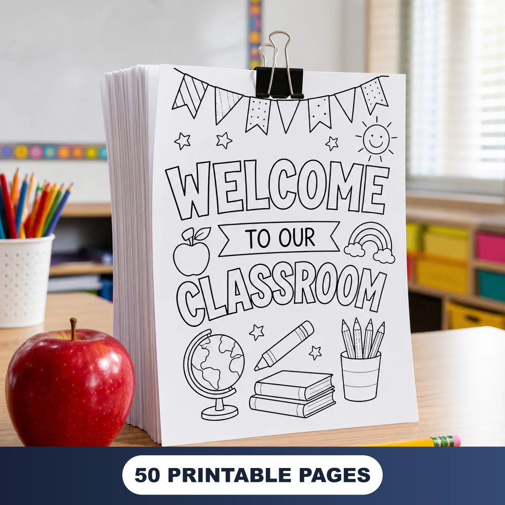 Classroom Teacher Bundle stack of coloring packets on a school desk with apple and pencil