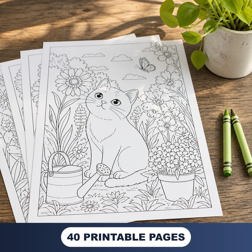Garden Adventure Sheets with flower coloring pages, plant, and green crayons