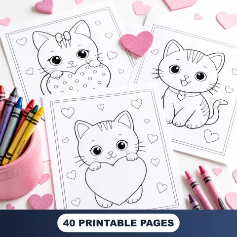 Hearts and Friendship Pack coloring sheets with pink confetti and crayons