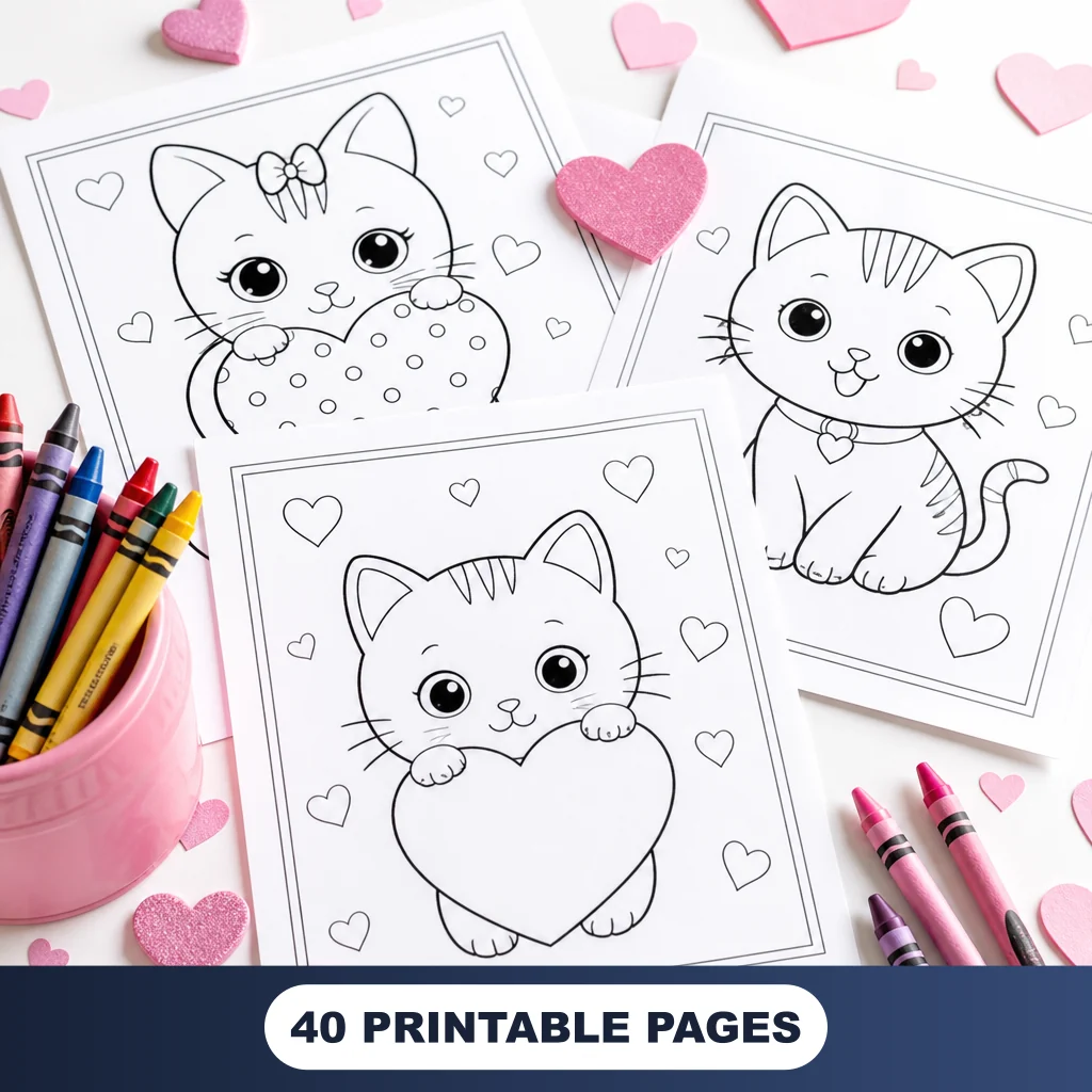 Hearts and Friendship Pack coloring sheets with pink confetti and crayons