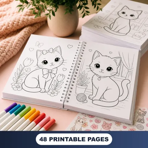 Cute Cat Mega Bundle coloring pages open with markers and stickers