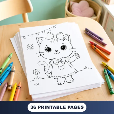 Cute Cat Starter Pack printable coloring sheets with crayons on a wooden table