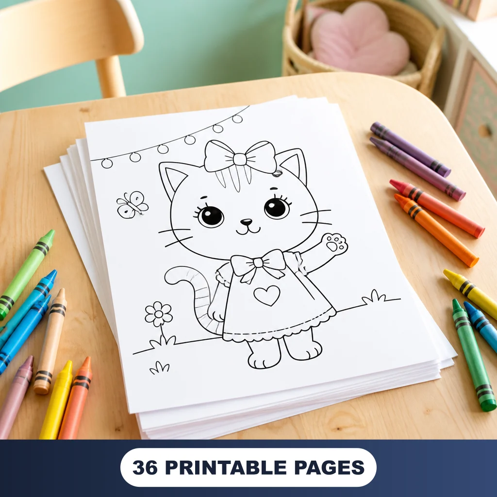 Cute Cat Starter Pack printable coloring sheets with crayons on a wooden table