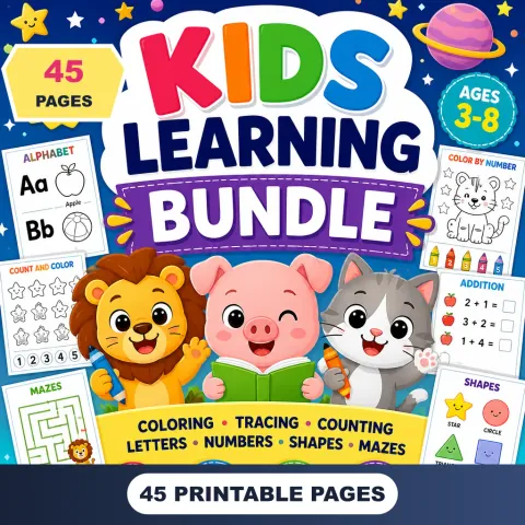 Kids Learning and Coloring Bundle cover with cartoon animals and activity pages