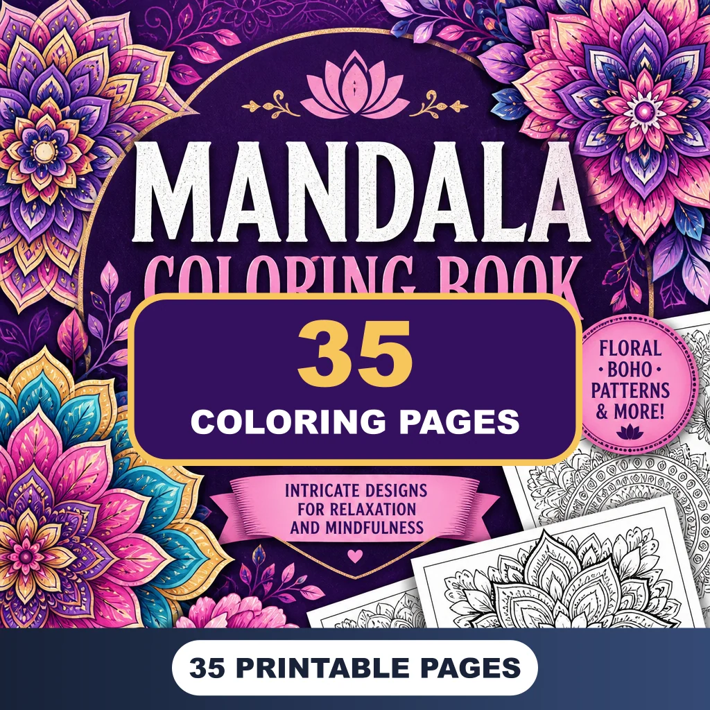 Mandala Coloring Pages Pack digital cover with colorful floral mandalas