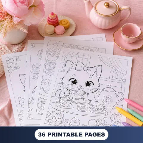 Tea Party Printable Set coloring pages with mini tea set and pastel crayons