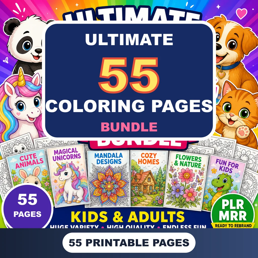 Large coloring pages printable bundle featuring animals, mandalas, flowers, and fantasy themes