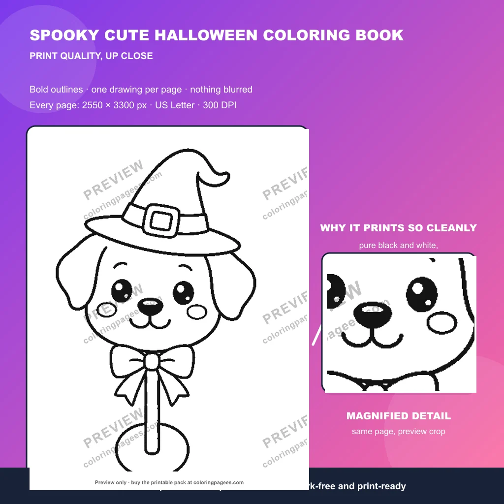 Halloween coloring pages sample sheet 5 from Spooky Cute Halloween Coloring Pages Pack