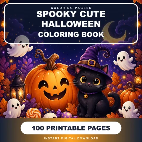 Cute Halloween coloring pages cover with a smiling jack-o-lantern, a black cat in a witch hat and friendly ghosts on a purple night background