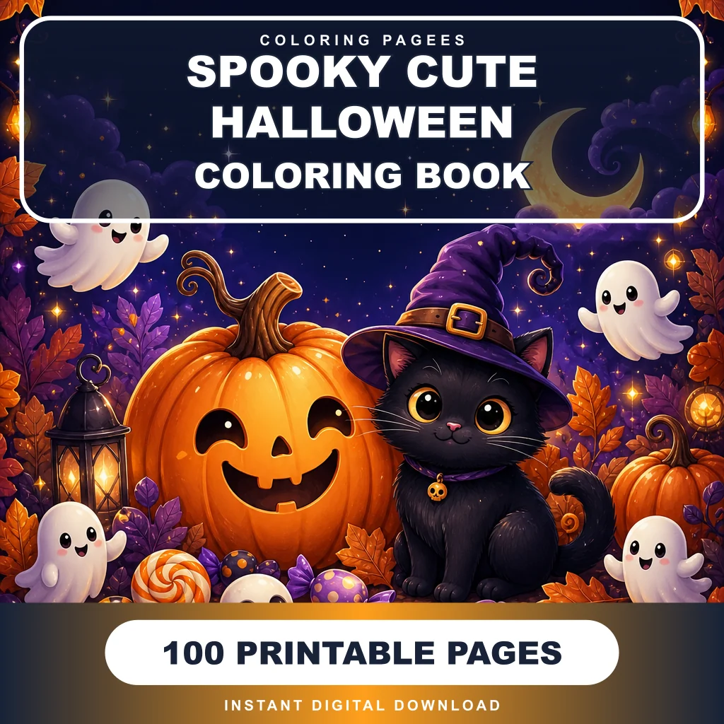 Cute Halloween coloring pages cover with a smiling jack-o-lantern, a black cat in a witch hat and friendly ghosts on a purple night background