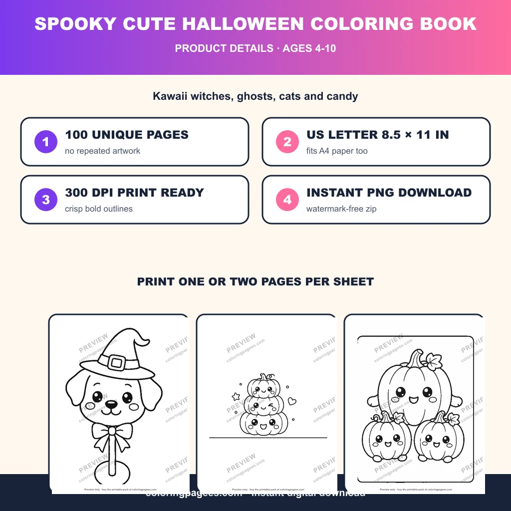 Halloween coloring pages sample sheet 4 from Spooky Cute Halloween Coloring Pages Pack